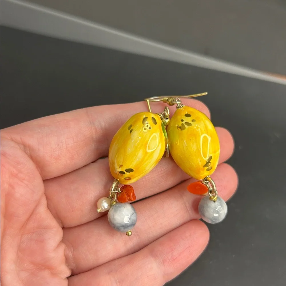 Hand-Painted Sicilian Lemon Ceramic Dangle Earrings